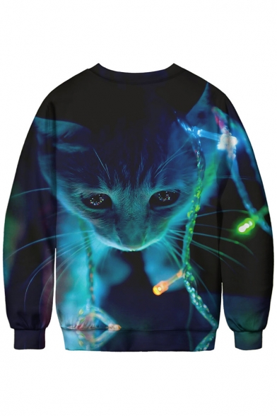 3D Christmas Cat Printed Basic Round Neck Long Sleeve Pullover Sweatshirt