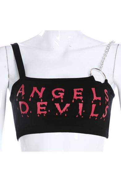 Black Straps Sleeveless ANGELS DEVILS Letter Printed Chain Embellished Womens Cropped Cami
