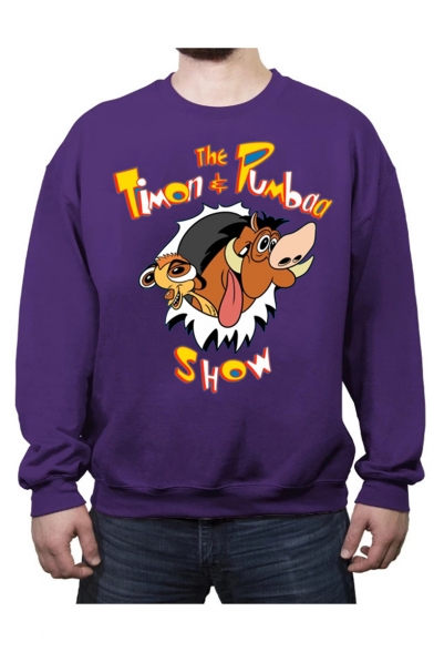 Cartoon Cattle Letter TIMON THE PUMBAA SHOW Printed Long Sleeve Round Neck Casual Pullover Sweatshirts
