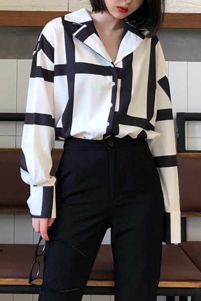 Chic Black Geometric Printed Notched Lapel Collar Chiffon Long Sleeve White Shirt Coat