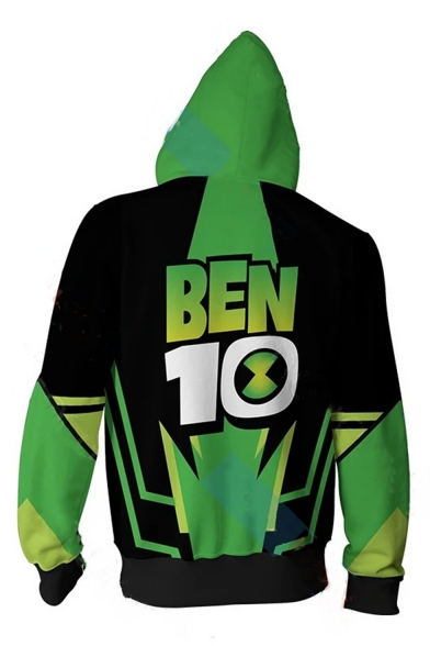 Classic Comic Ben 10 Alien Force 3D Printed Cosplay Costume Green and Black Long Sleeve Zip Up Hoodie
