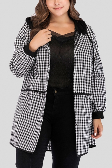 Classic Fashion Plaid Pattern Printed Colorblocked Hooded Single Breasted Longline Coat