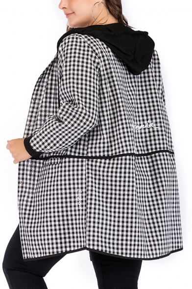 Classic Fashion Plaid Pattern Printed Colorblocked Hooded Single Breasted Longline Coat