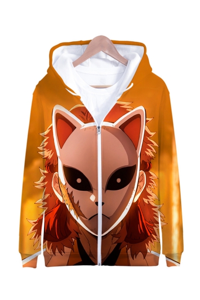Cool Fashion 3D Comic Character Fox Printed Orange Zip Up Hoodie