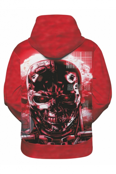Cool Mechanical Skull 3D Printed Red Long Sleeve Loose Fit Drawstring Hoodie