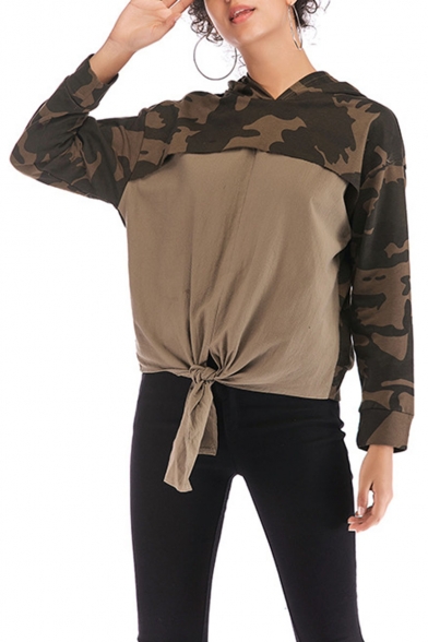 Cool Unique Long Sleeve Colorblock Patch Knotted Front Green Camo Hoodie
