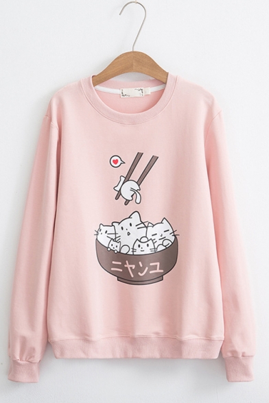 

Cute Cartoon Chopstick Cat Print Round Neck Long Sleeves Leisure Pullover Sweatshirt, Pink;white;apricot, LM555000