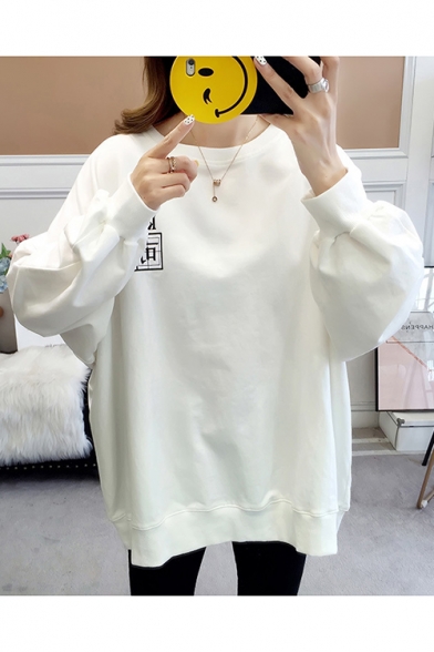 Cute Cartoon Girl Letter Printed Long Sleeve Round Neck Oversize Sweatshirt