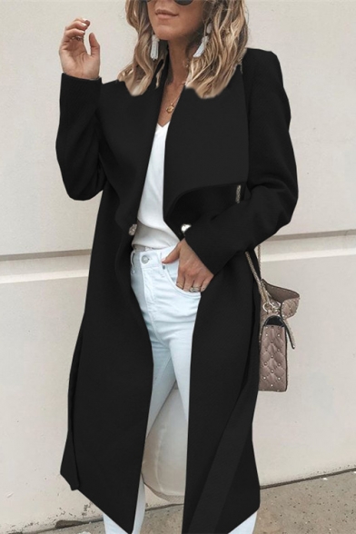 Elegant Women's Fold-Over Collar Long Sleeve Plain Longline Wool Trench Coat