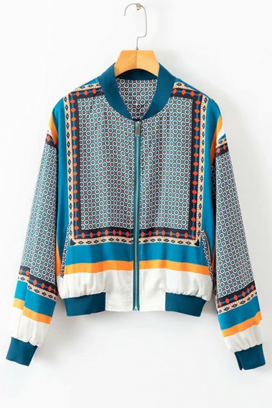 Fashion Blue Tribal Geometric Printed Stand Collar Long Sleeve Zip Up Fitted Jacket