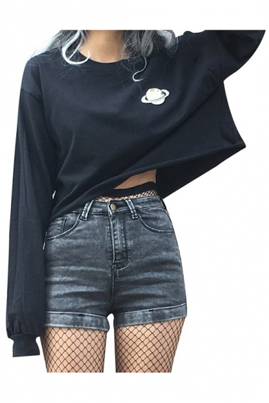 Fashion Gothic Style Black Long Sleeve Simple Planet Printed Casual Loose Crop T-Shirt