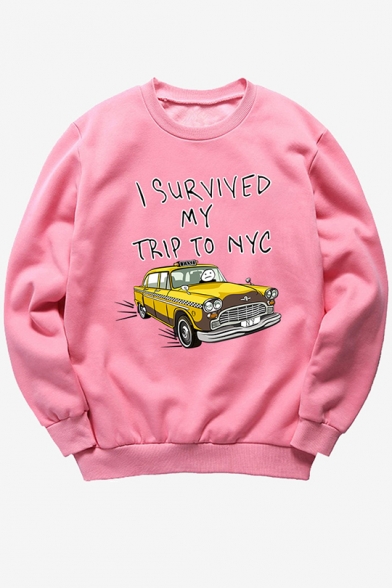 Fashion I SURVIVED MY TRIP TO NYC Letter Car Printed Long Sleeve Round Neck Pullover Sweatshirt