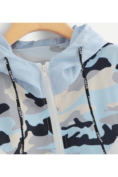 Fashion Lady Chevron Camouflage Patch Drawstring Hooded Light Blue Track Jacket