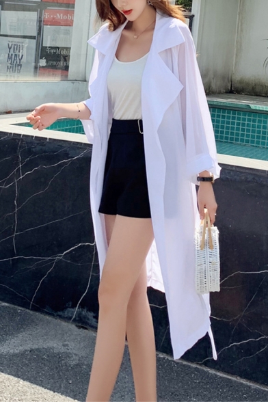 Fashion Notched Lapel Collar Tied Waist Solid Color Chiffon Long Sun Protection Trench Coat