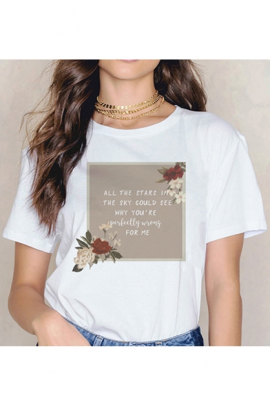 Fashion Square Letter Floral Printed Round Neck Short Sleeve White Tee