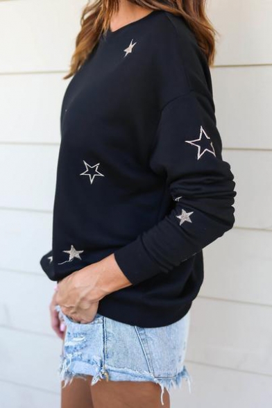 Fashion Star Print Round Neck Long Sleeve Black Sweatshirt
