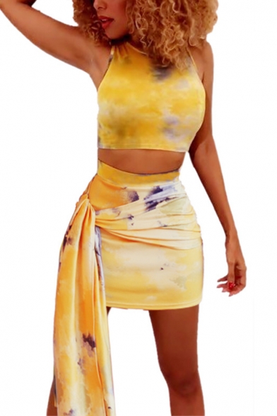 Fashion Yellow Tie Dye Round Neck Crop Tank with Knotted Mini Bodycon Skirt Two-Piece Set