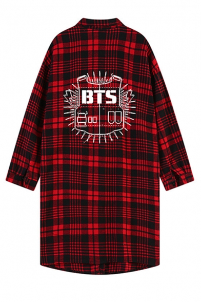 Fashionable BTS Letter Printed Red Plaid Check Pattern Lapel Collar Longline Shirt Coat