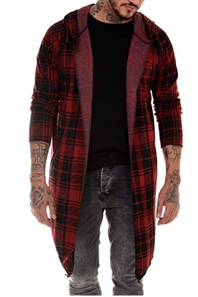 Fashionable Plaid Printed Long Sleeve Hooded Open Front Longline Trench Coat for Men