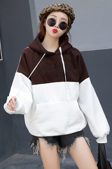 GAEENLIGHT SIGN Letter Embroidered Patchwork Color Black Long Sleeve Hoodie With Pockets