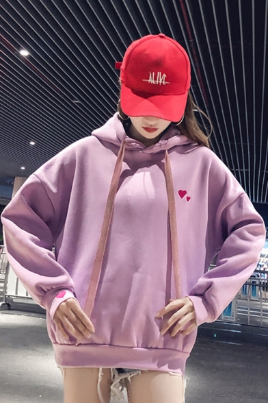 Girls Cute Love Heart Embroidered Long Sleeve Loose Pullover Hoodie