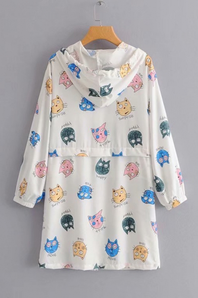 Girls Summer White Cartoon Allover Cat and Planet Printed Sunscreen Hooded Zip Up Longline Coat