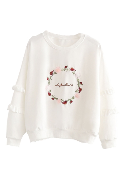 Girls Sweet Circle Letter Floral Embroidery Ruffled Hem Long Sleeve Pullover Sweatshirt