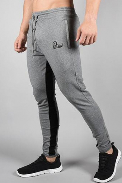 Guys New Fashion Colorblock Patched Letter Printed Drawstring Waist Casual Sports Sweatpants Pencil Pants