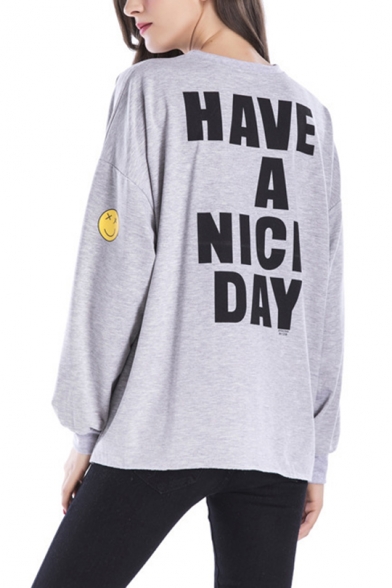 HAVE A NICE DAY Letter Happy Face Printed Round Neck Gray Long Sleeve Loose Sweatshirt
