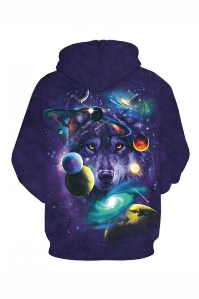 Hot Fashion Galaxy Planet Wolf 3D Printed Long Sleeve Dark Purple Drawstring Hoodie