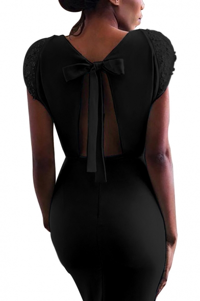 Hot Fashion Round Neck Cap Sleeve Sequined Twist-Waist Tie Back Open Back Pleat Hem Maxi Plain Bodycon Dress