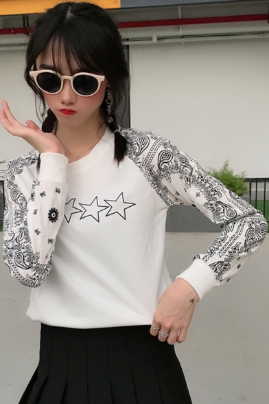 Hot Fashion White Star Print Long Sleeve Round Neck Regular Sweatshirt