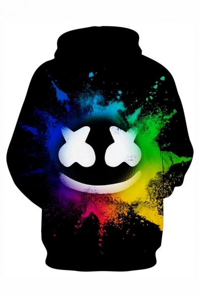 Hot Popular DJ Smile Face Colored Ink 3D Printed Long Sleeve Loose Fit Black Drawstring Hoodie