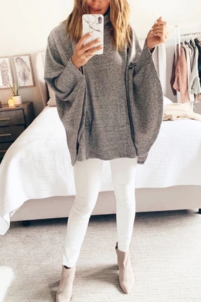 Hot Popular Irregular Long Sleeve Stand Collar Gray Cape Pullover Sweatshirt With Pockets