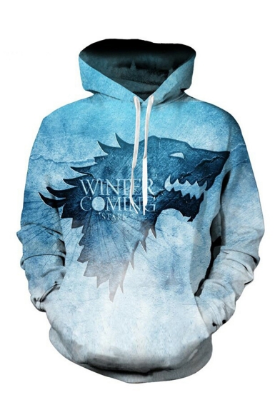Hot Popular Letter WINTER COMING Wolf Printed Long Sleeve Drawstring Hooded Blue Casual Loose Hoodie
