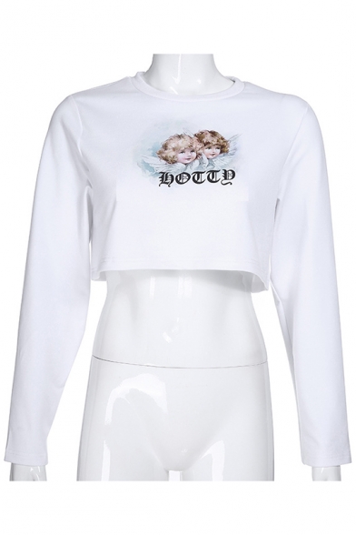 Hot Popular Long Sleeve Round Neck Cartoon Angel Baby Letter Printed White Pullover Crop Sweatshirt