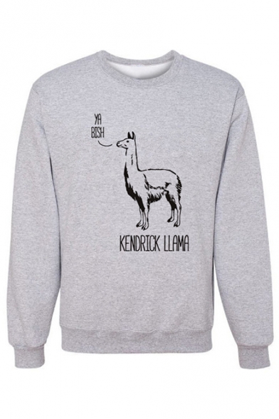 KENDRICK LLAMA Letter Print Round Neck Long Sleeve Grey Sweatshirt