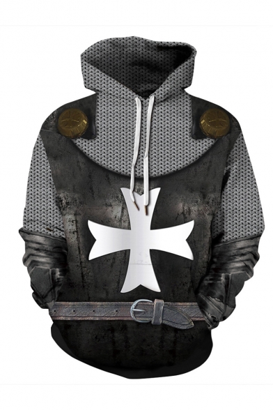 Knights Templar Cross Pattern Long Sleeve Dark Grey Loose Drawstring Pullover Hoodie