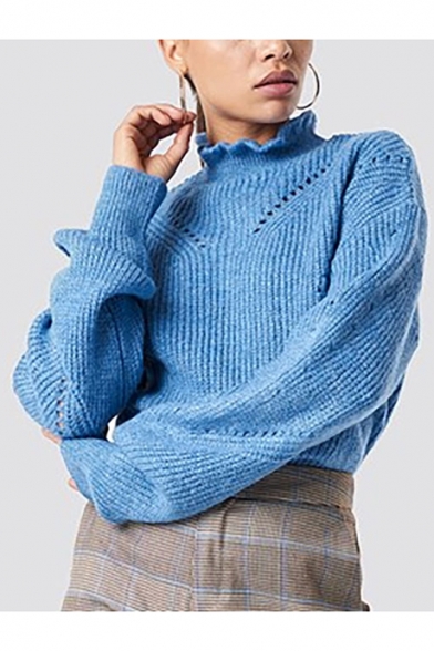 Ladies Popular Plain Patterns Mock Neck Ribbed Knit Long Sleeve Sweater