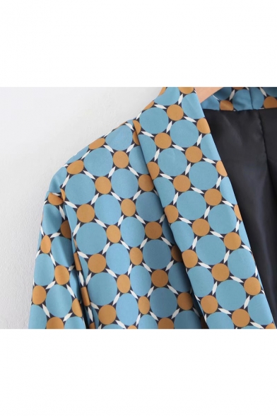 Leisure Geometric Printed Lapel Collar Tie-Waist Raw Edges Blazer Coat with Pockets