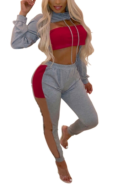 Long Sleeve Hoodie with Elastic Waist Colorblock Sheer Patch Leisure Two Piece Set