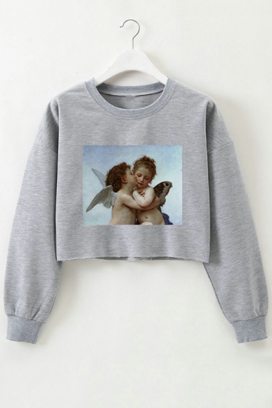 Lovely Angel Baby Pattern Round Neck Long Sleeve Crop Pullover Sweatshirt