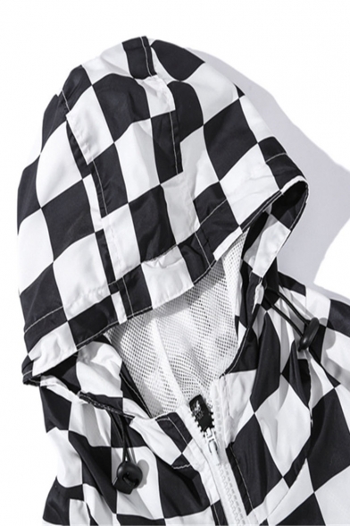 Men's Classic Plaid PAREOK Letter Printed Hooded Zip Up Hip Hop Loose Black And White Track Jacket