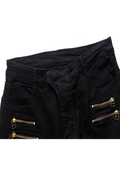 Men's Cool Fashion Basic Plain Multi-zipper Embellished Slim Fit Pleated Biker Jeans with Side Pockets