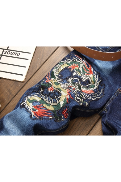 Men's Cool Fashion Dragon Floral Embroidery Pattern Blue Denim Washed Trendy Jeans