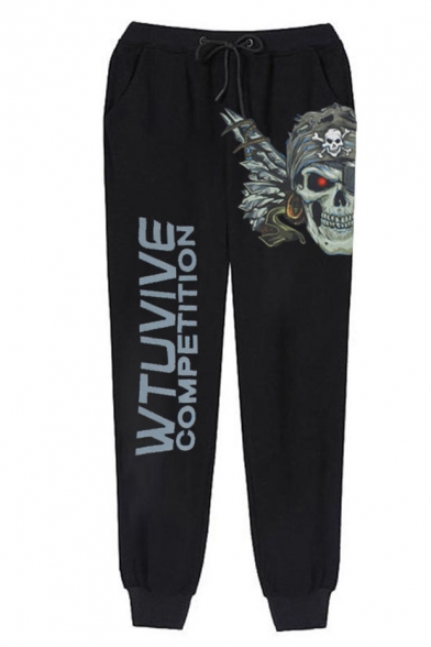 Men's Cool Fashion Letter WTUVICE COMPETITION Skull Printed Drawstring Waist Casual Sports Sweatpants