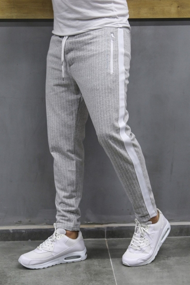 Men's Hot Fashion Stripe Pattern Zipped Pockets Drawstring Waist Casual Sports Pencil Pants