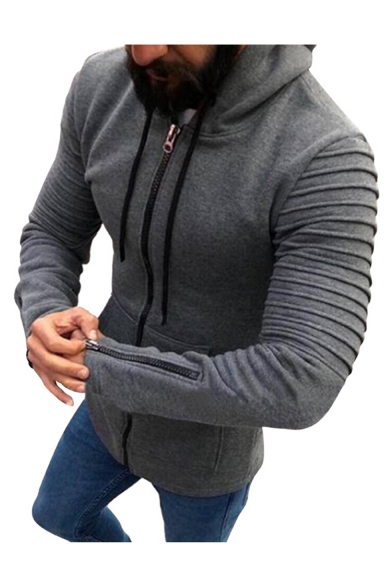 Men's New Fashion Simple Plain Pleated Detail Zip Cuffs Long Sleeve Hooded Zip Up Hoodie