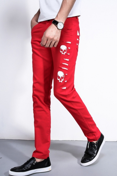 hoste Strengt Perle Men's New Fashion Skull Pattern Red Stretched Slim Fit Ripped Jeans -  Beautifulhalo.com