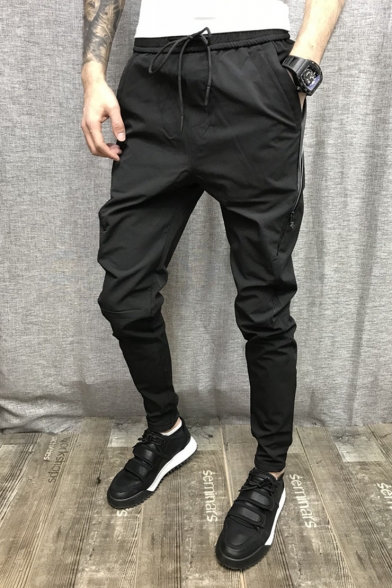 Men's New Fashion Solid Color Zip Embellished Drawstring Waist Black Casual Pencil Pants